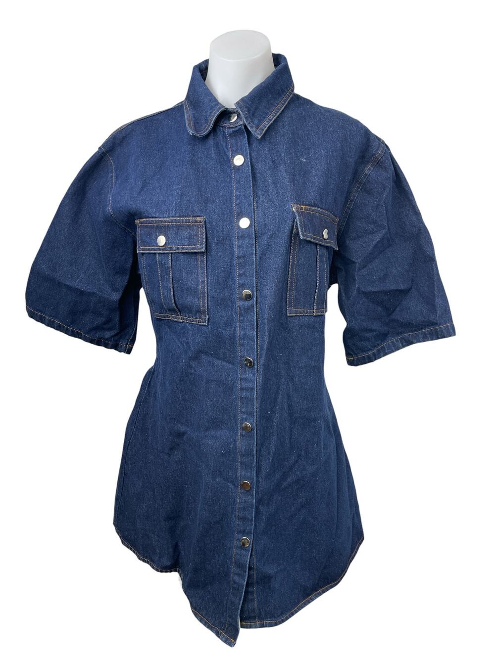 NEW Billy J Raz Blue Denim Collared Short Sleeve Button Down Mini Shirt Dress 14